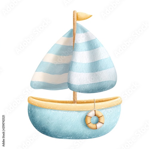 Minimal watercolor illustration cute toy boat with soft brush textures isolated on white. Suitable for stationery, nursery design, storytelling visuals, whimsical concept art