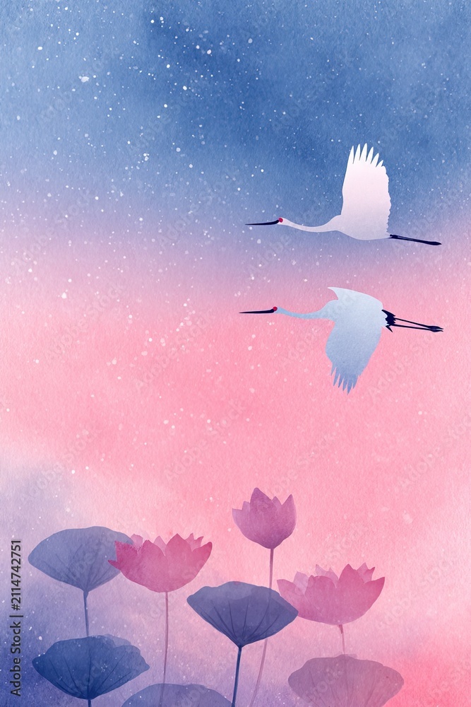 Obraz premium Watercolor vertical postcard graceful crane flying above blooming lotus pond at sunrise, painted with soft watercolor gradients in Asian artistic style
