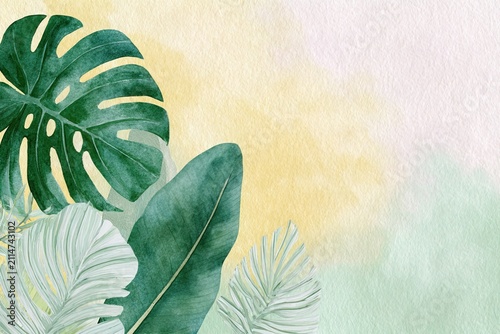 Elegant watercolor illustration of lush monstera and banana foliage combined in tropical aesthetic. Ideal for greeting cards, posters, packaging, wellness branding, nature inspired visuals