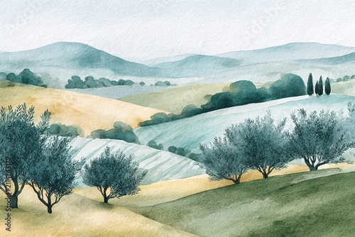 Delicate watercolor artwork of peaceful olive grove landscape with soft hills and warm southern light tones. Suitable for invitations, travel posters, rustic branding, decorative prints