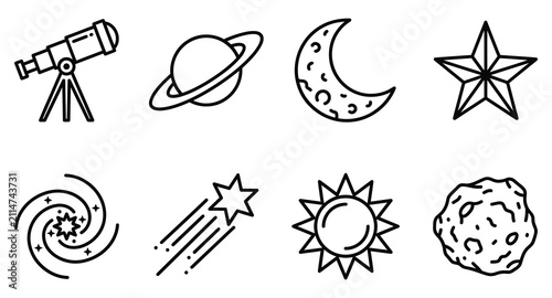 Set of astronomical and space exploration line icons with astronomy telescope asteroid exploration universe celestial astrophysics observation