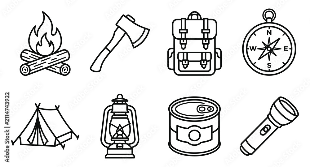 Fototapeta premium Set of black and white camping and adventure equipment icons with adventure equipment backpack flashlight survival exploration wilderness