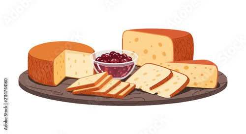 Konstfotografi Assorted cheese platter with jam on wooden serving board