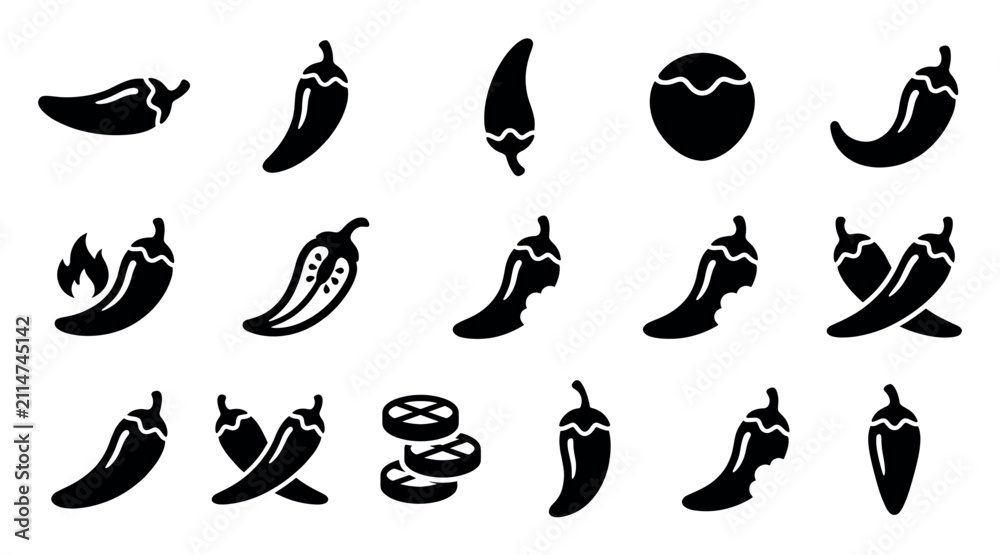Obraz premium Various black chili pepper icons are arranged on a clean white background, showcasing different shapes and styles of the spicy vegetable