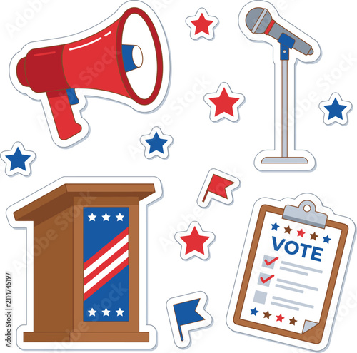 Set of patriotic election and political campaign stickers with megaphone and podium