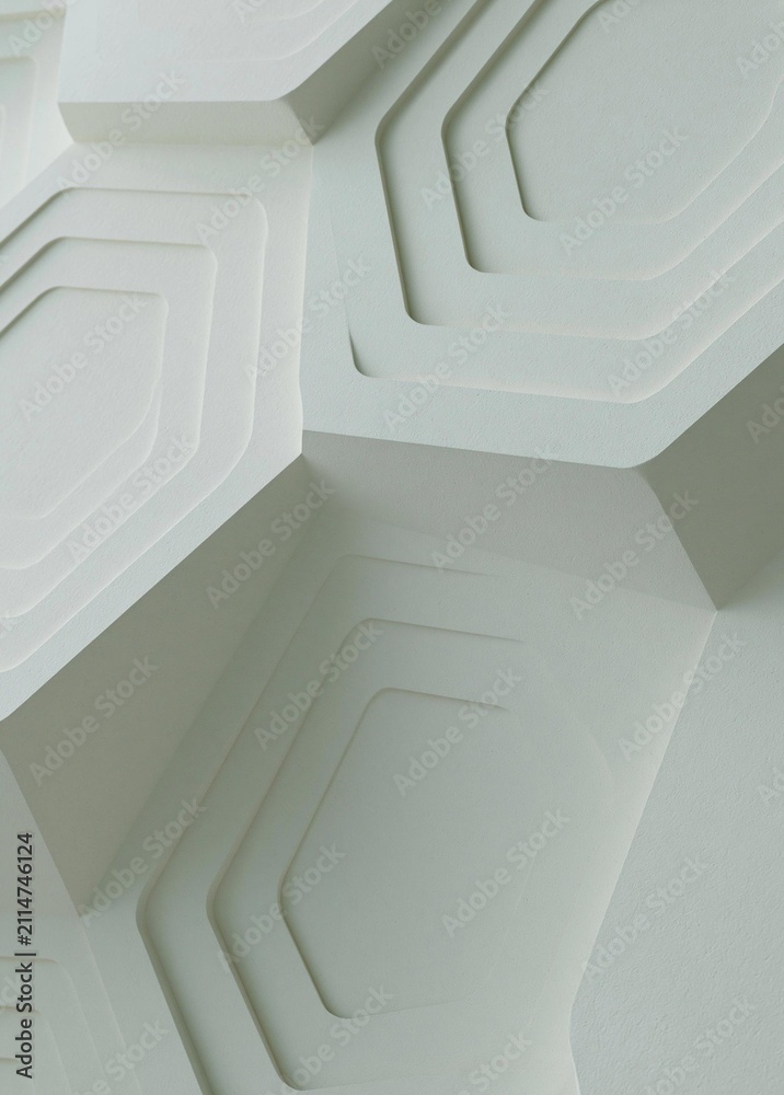Fototapeta premium Close-up of a white surface with a geometric pattern. the pattern is made up of multiple overlapping hexagons of different sizes and shapes.