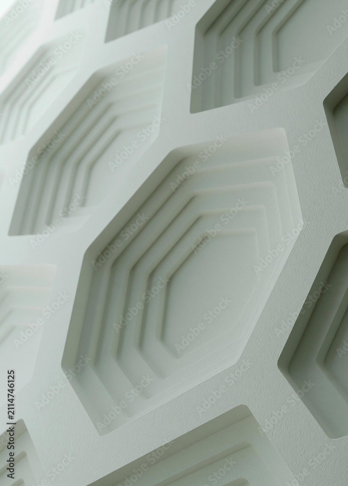 Obraz premium Close-up of a white surface with a geometric pattern. the pattern is made up of multiple hexagonal shapes arranged in a grid-like manner, with each hexagon having a different size and shape.