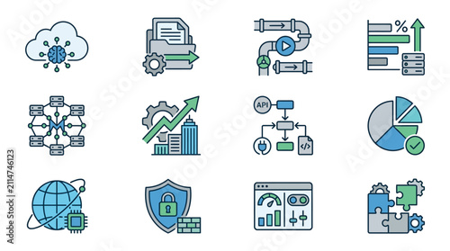 Minimalist Illustrations of Modern Technology and Business Concepts with Blue Green Color Scheme
