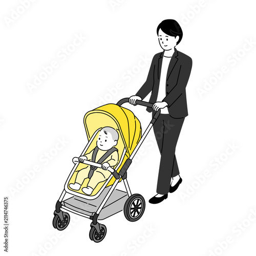 ベビーカーを押して赤ちゃんと外出する、スーツ姿の働く女性のイラスト