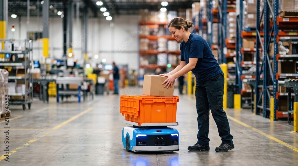 Fototapeta premium Worker and automated mobile robot in a warehouse