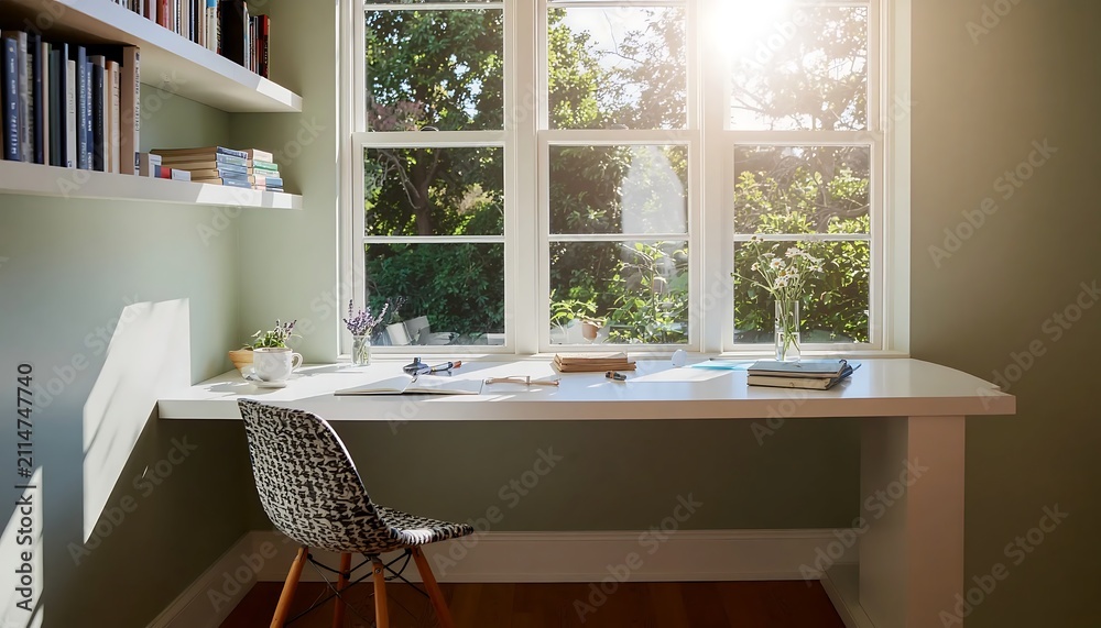 Obraz premium Cozy home office desk with natural light and bookshelves