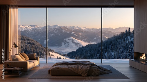 Luxury modern bedroom interior with breathtaking panoramic winter mountain view.