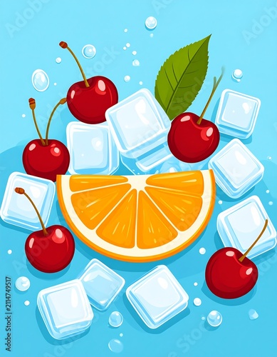 A refreshing arrangement of ice cubes with cherries and orange slice on blue background