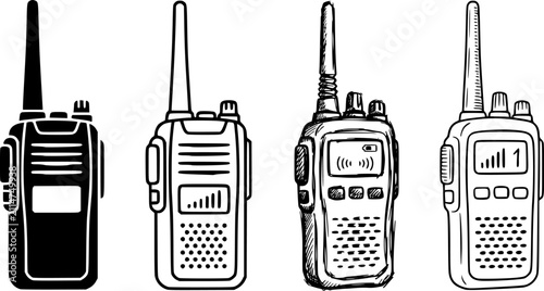 Set of four walkie-talkie icons in various styles: solid, outline, and hand-drawn sketches. Versatile for communication and tech layouts.

