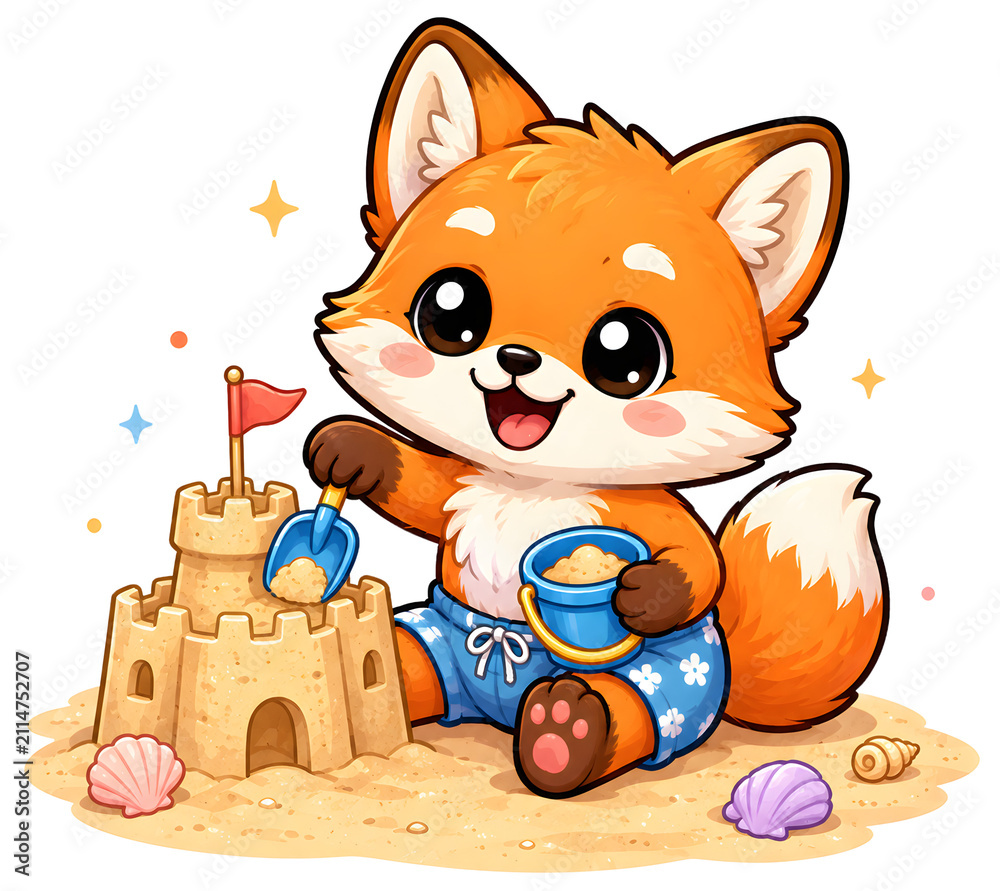 Fototapeta premium Ideal for kids apparel, cute summer fox mascot character building sandcastle on beach clipart on transparent background brings a playful coastal vibe to children stickers and prints