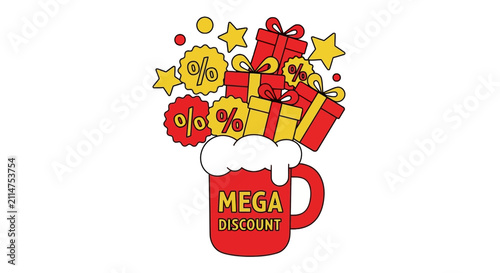Mega discount red mug with gift boxes and percentage tags