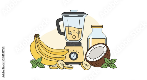Blender with healthy banana and coconut smoothie ingredients