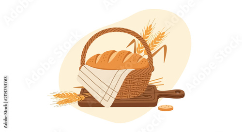 Freshly baked bread loaf in wicker basket with wheat