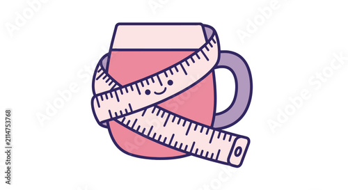 Pink mug wrapped with a cute smiling measuring tape