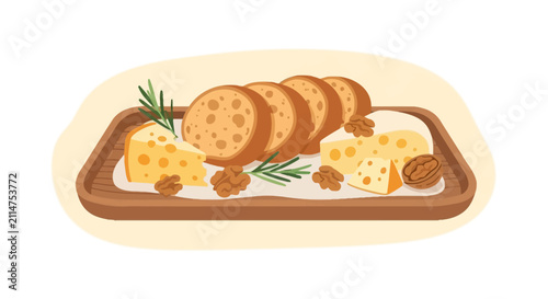Cheese and bread platter with walnuts and herbs