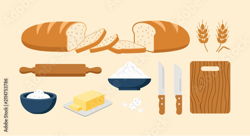 Artisan bread loaf with baking tools and ingredients