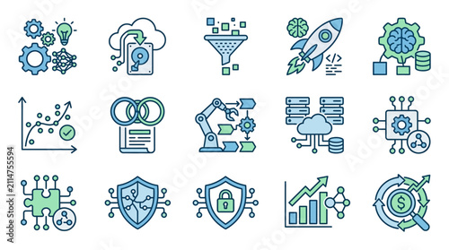 Industrial Themed Icons Showcasing Modern Technology Automation Data Security and Business Growth in Blue and Green