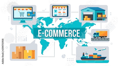 E-commerce global logistics concept, international shipping and online shopping flat illustration, worldwide supply chain and distribution network