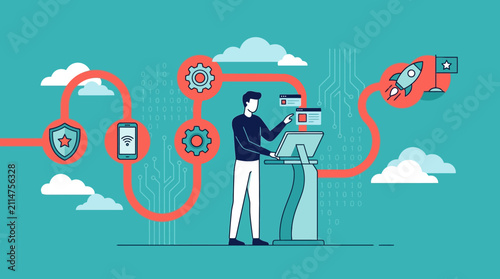 Digital Transformation Concept with man managing workflow through security, mobile, and launch icons. Ideal for tech blogs and business presentations.