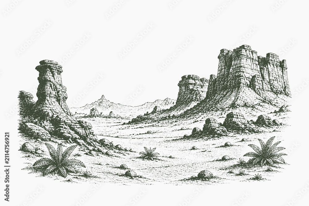 Fototapeta premium Detailed line art desert rock formation vector illustration featuring towering sandstone mesas, rugged terrain, and an expansive natural wilderness landscape