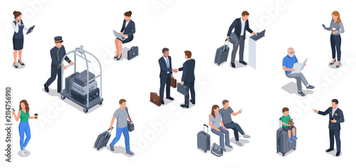 Quadro su tela Hotel lobby staff and guests vector set checking in, carrying luggage and travel