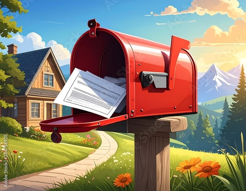 A red mailbox with letters protruding, set against a serene landscape with a house, pathway, flowers, trees, and mountains under a blue sky