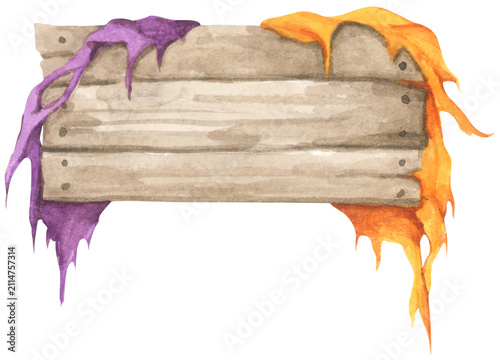 Halloween wooden sign board, spooky wood signpost. Watercolor illustration.