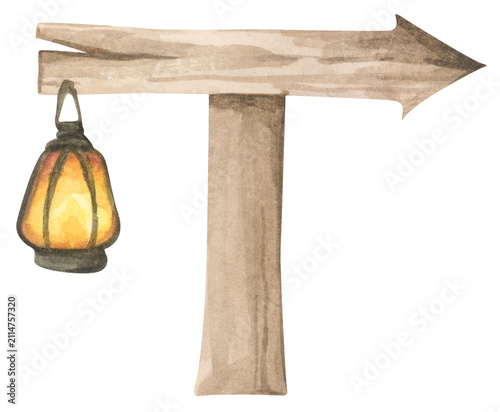 Halloween wooden sign board, spooky wood signpost. Watercolor illustration.