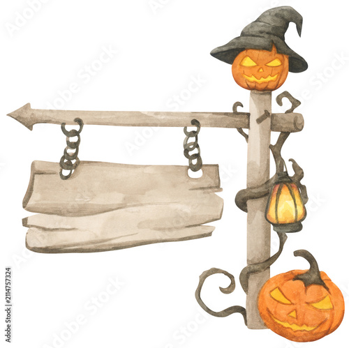 Halloween wooden sign board, spooky wood signpost. Watercolor illustration.