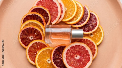 Glass perfume bottle mockup surrounded by colorful sliced citrus fruits like blood oranges and grapefruits on a warm ceramic tray, ideal for natural fragrance and luxury cosmetics branding.