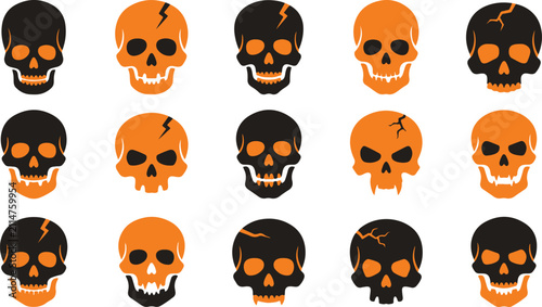 Canvastavla Collection of decorative black and orange human skulls for halloween party desig