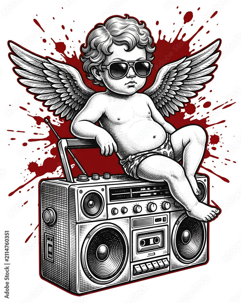 Obraz premium Streetwear designers seeking retro hip-hop vibes obtain a cool cupid cherub with sunglasses on boombox splatter transparent background apparel print in an edgy engraving tattoo style