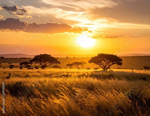 Golden savanna sunset casts long shadows over acacia trees and dry grass