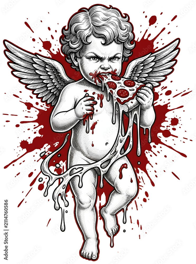 Obraz premium Messy hungry cupid cherub eating pepperoni pizza slice with red splatter on transparent background apparel print brings edgy gothic tattoo style to alternative streetwear fashion merchandise