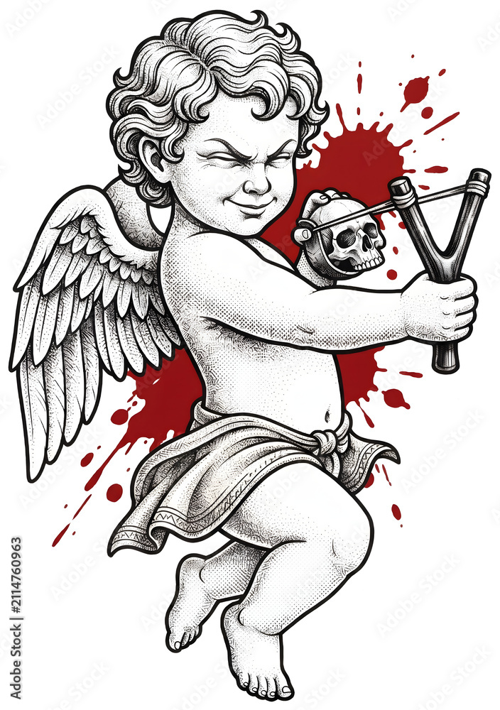 Fototapeta premium Alternative streetwear trend demands edgy apparel prints, solved by a gothic cupid slingshot skull angel tattoo graphic art on transparent background in a stippled retro engraving style