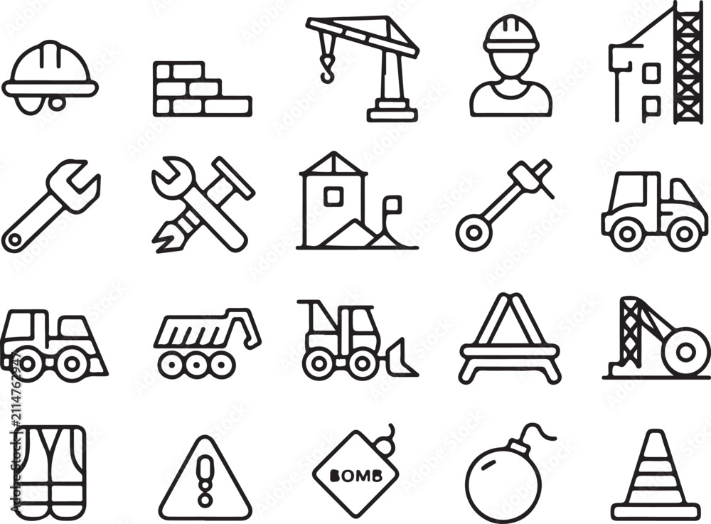 Fototapeta premium construction safety icons hardhat tools machinery blueprint set