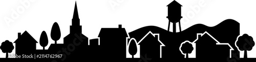 Vector illustration silhouette of a small town with houses, a church, and a water tower, isolated on white background