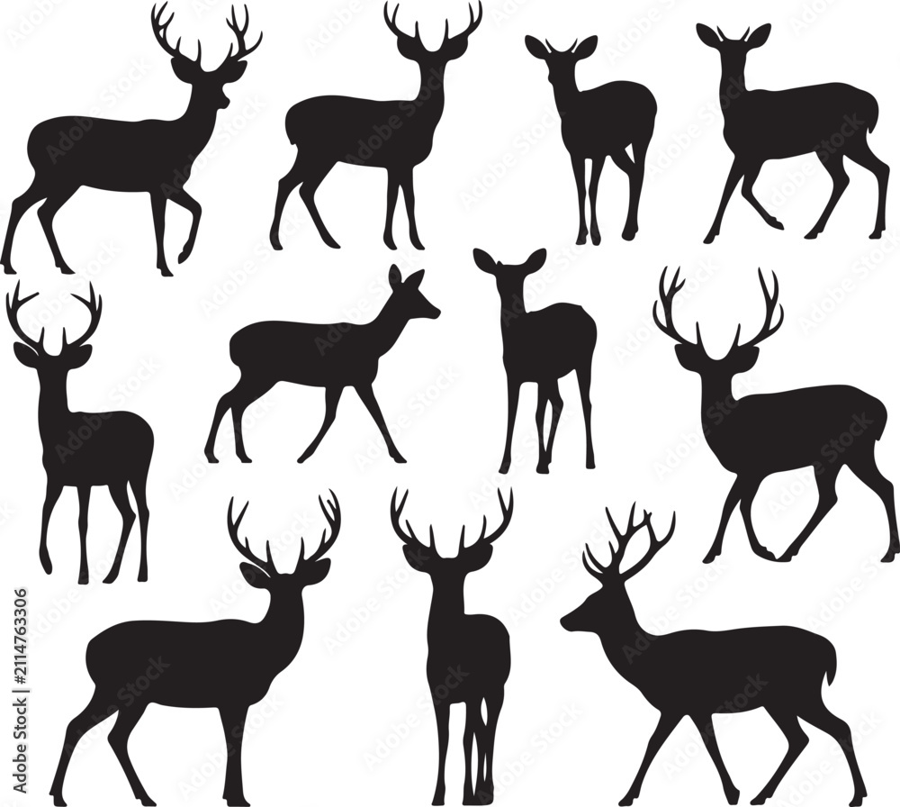 Naklejka premium deer silhouette head and antler profiles buck doe fawn outlines