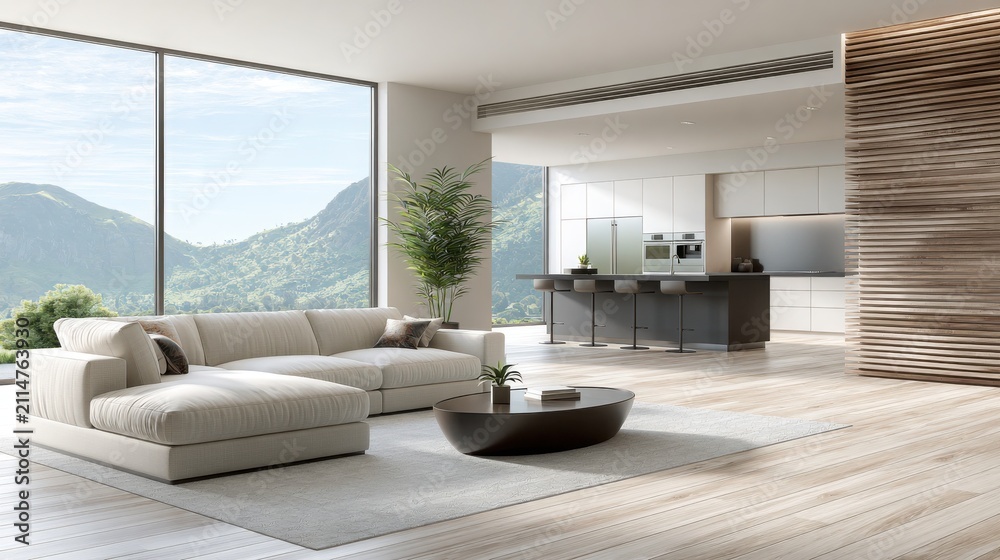 Obraz premium Modern luxury living room with mountain view. Dream home concept.