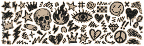 Collection of hand-drawn doodle elements in punk and rock style, including skull, hearts, crowns, fire, eye, lightning bolts, stars, arrows, and peace sign.