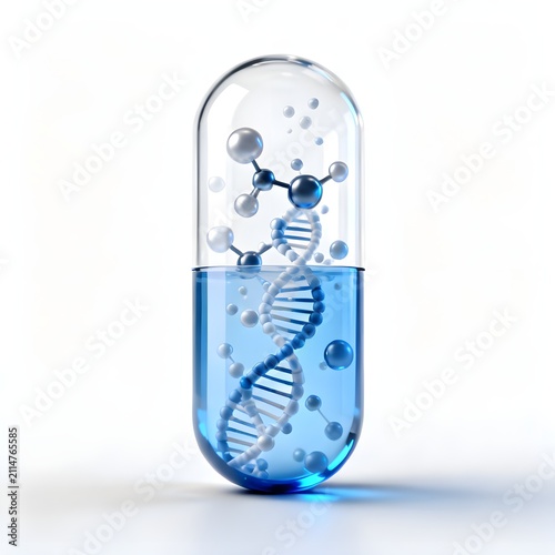 Transparent pharmaceutical capsule containing DNA double helix structure and molecular particles for biotechnology research.