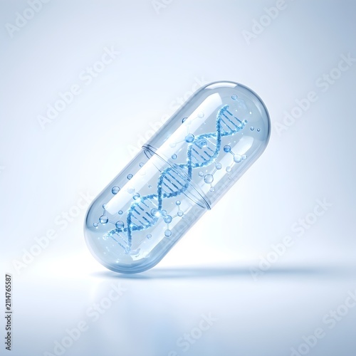 Transparent pharmaceutical capsule containing DNA double helix structure and molecular particles for biotechnology research.