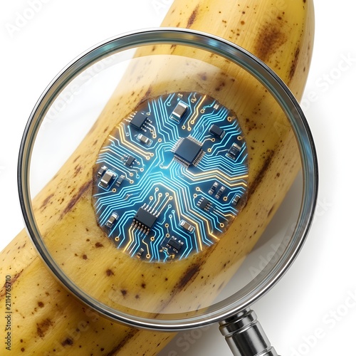 Magnifying glass revealing a microchip circuit board embedded inside a yellow banana peel, conceptualizing bio-tech innovation.