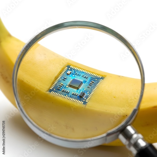 Magnifying glass revealing a microchip circuit board embedded inside a yellow banana peel, conceptualizing bio-tech innovation.