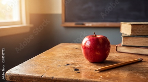 Classroom decor ideas, a red apple and a pencil rest on a wooden teachers desk in warm light